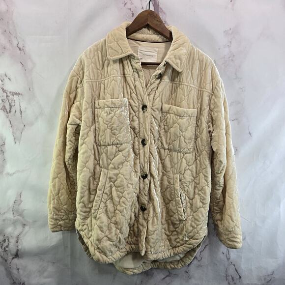 Anthropologie Jacket Womens XS Cream Crushed Velvet Quilted Shacket Shirt Button - Picture 1 of 12